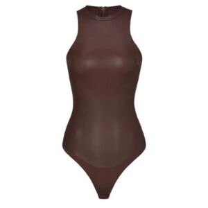 SKIMS Faux Leather High Neck Bodysuit in Brown Size S